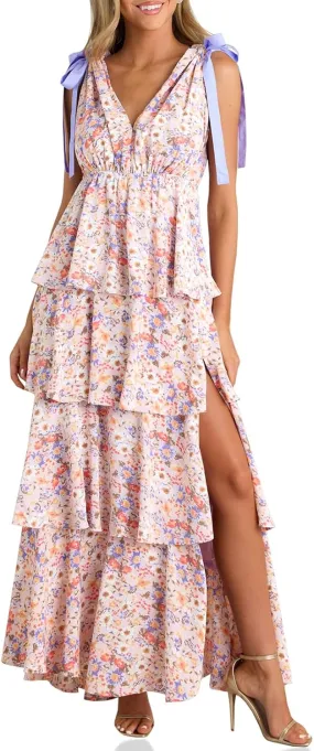 Wenrine Womens Summer Floral Maxi Dress Tie Strap Sleeveless V Neck High Slit Boho Ruffle Tiered Beach Dresses