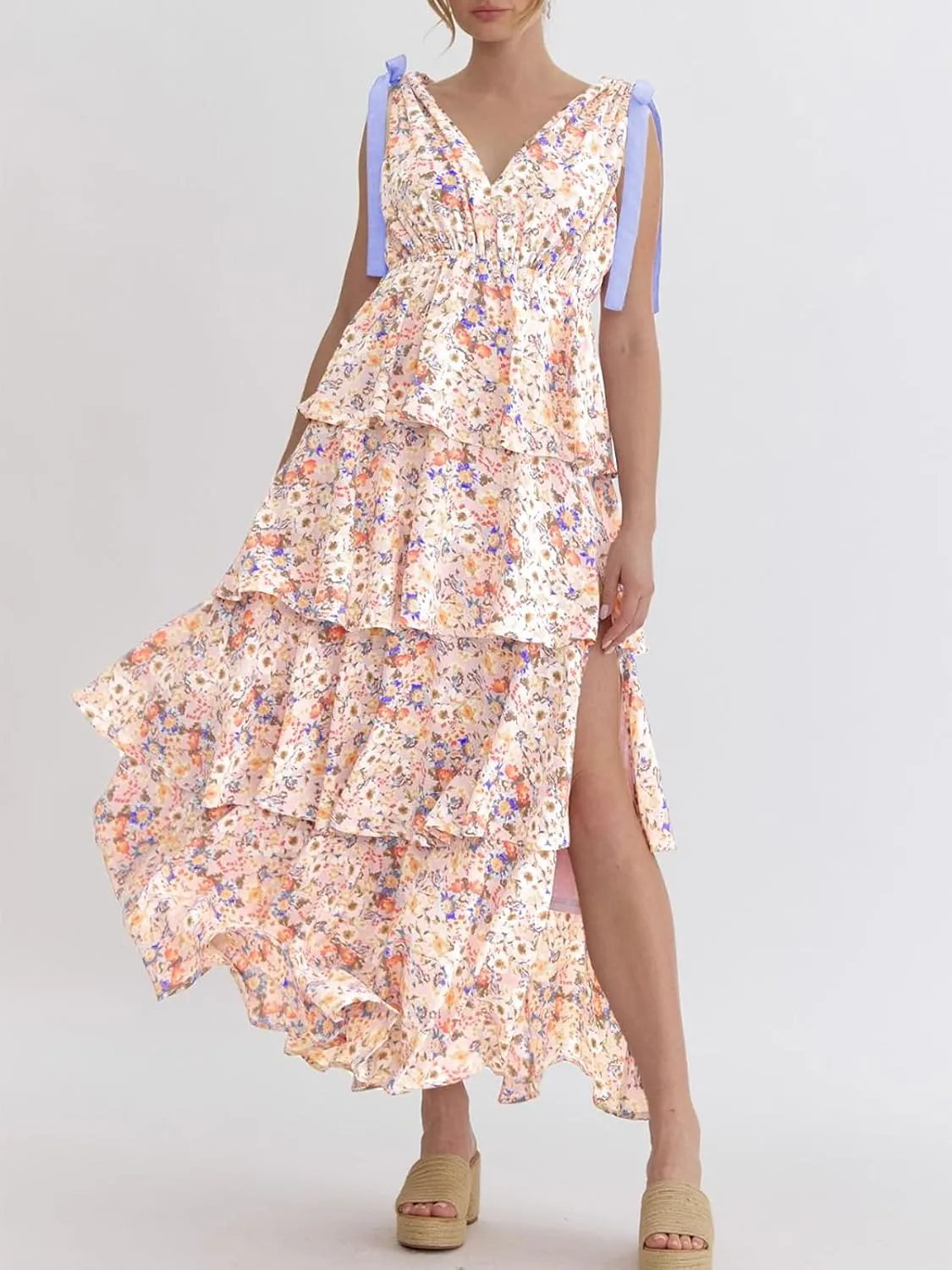 Wenrine Womens Summer Floral Maxi Dress Tie Strap Sleeveless V Neck High Slit Boho Ruffle Tiered Beach Dresses