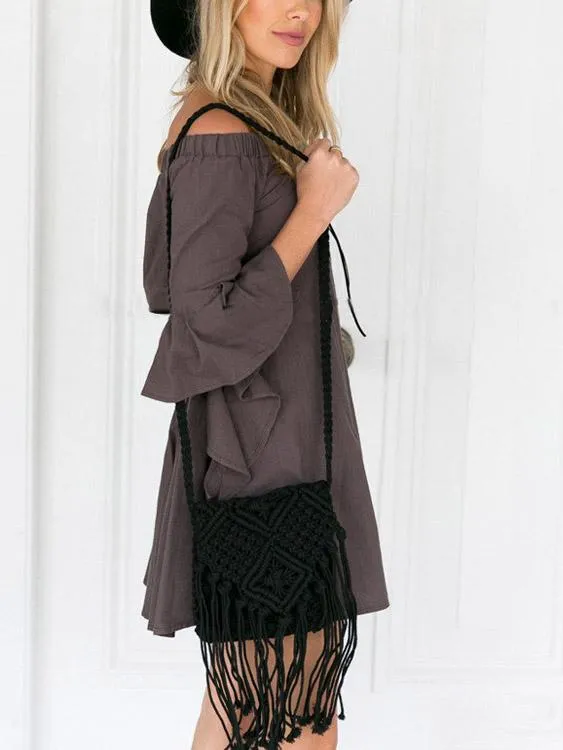 Wholesale Grey Off The Shoulder 3/4 Length Sleeve Backless Casual Dress