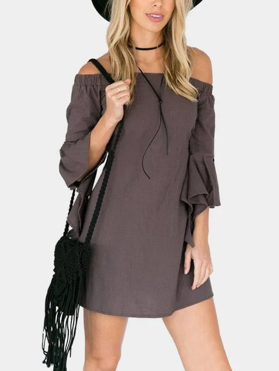 Wholesale Grey Off The Shoulder 3/4 Length Sleeve Backless Casual Dress