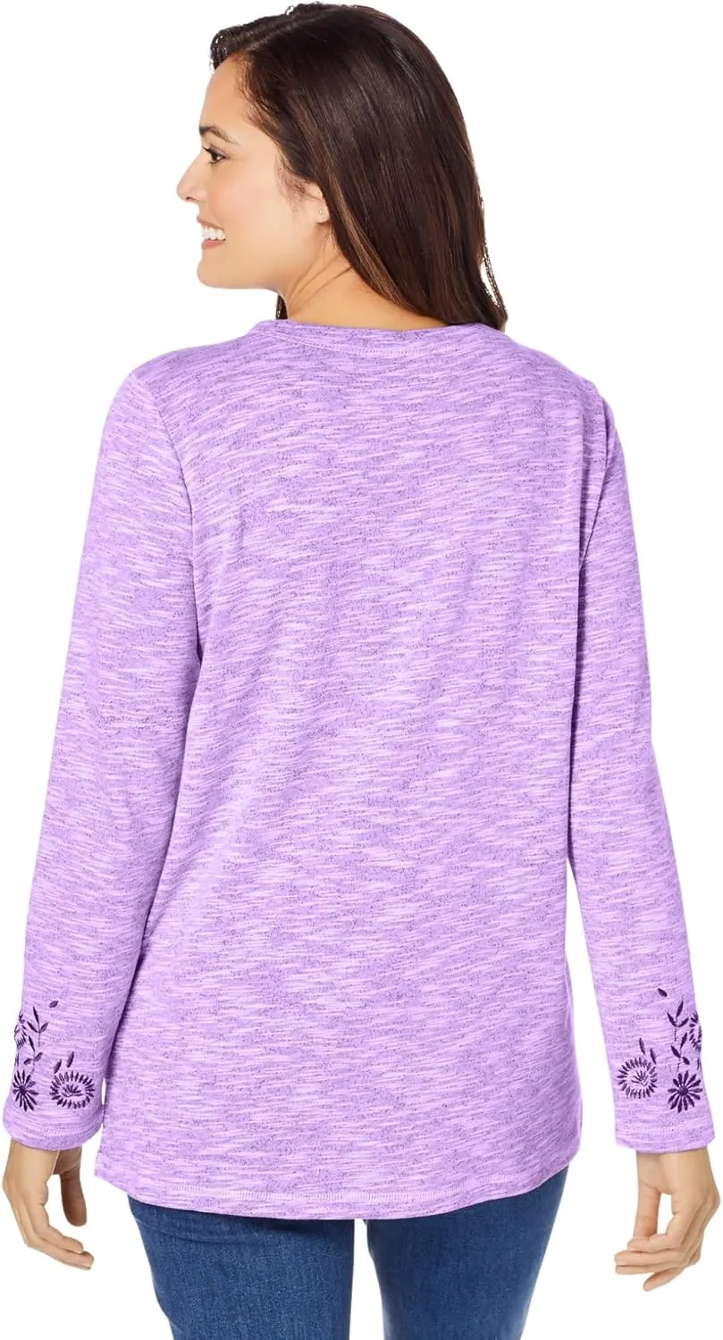 Woman Within Women's Plus Size Floral Embroidered Sweatshirt Tee