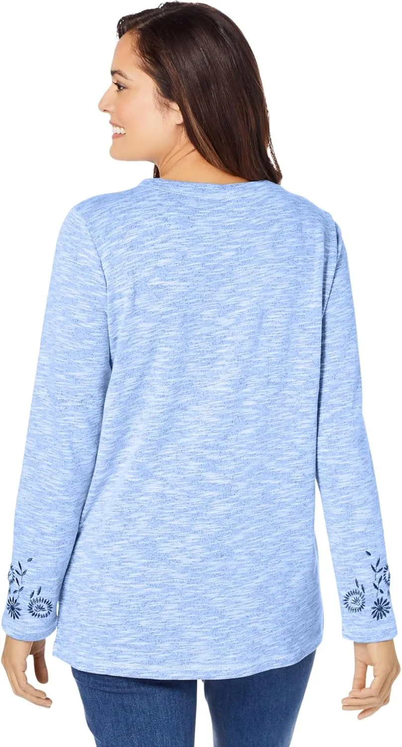 Woman Within Women's Plus Size Floral Embroidered Sweatshirt Tee