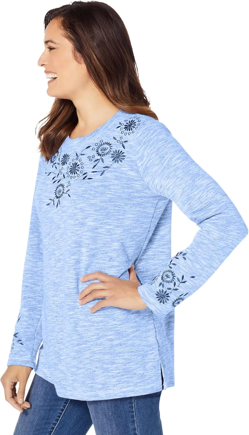 Woman Within Women's Plus Size Floral Embroidered Sweatshirt Tee