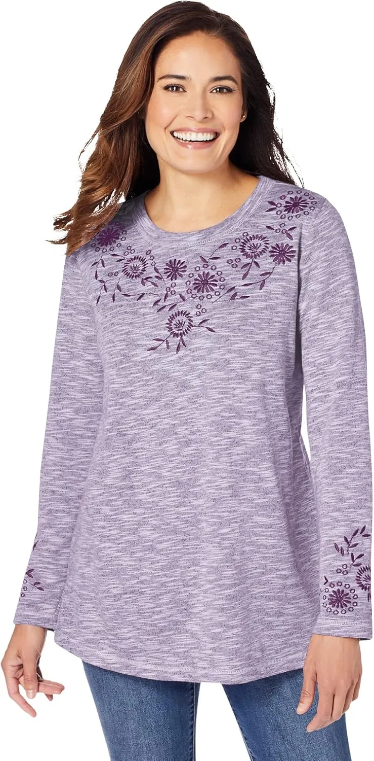 Woman Within Women's Plus Size Floral Embroidered Sweatshirt Tee