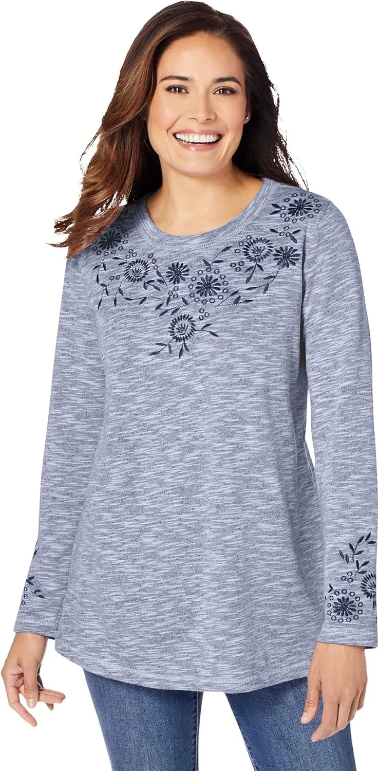 Woman Within Women's Plus Size Floral Embroidered Sweatshirt Tee