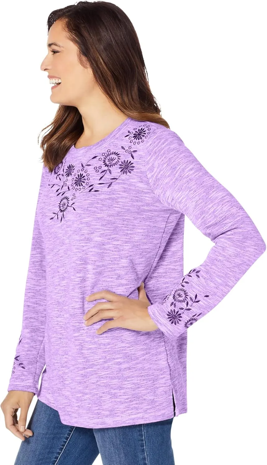 Woman Within Women's Plus Size Floral Embroidered Sweatshirt Tee