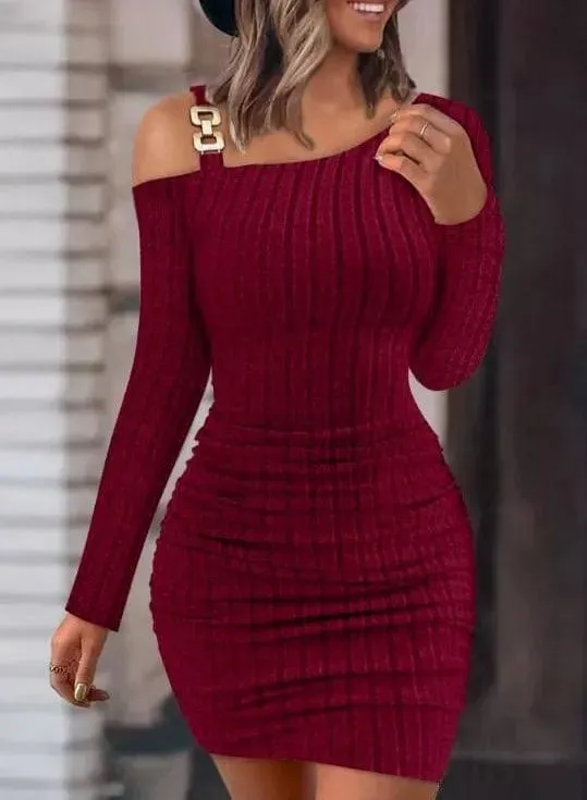 Women Sexy Chain Off Shoulder Bodycon  Mini Dress