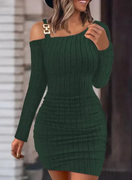 Women Sexy Chain Off Shoulder Bodycon  Mini Dress