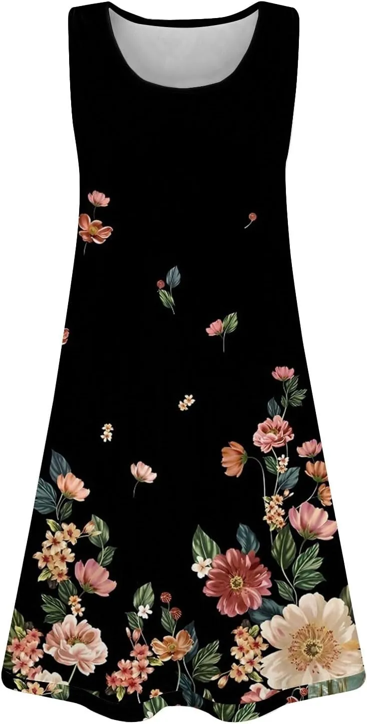 Women Summer Dresses 2025 Loose Beach Vacation Casual Dress Ladies Scoop Neck Sleeveless Sundresses with Pocket