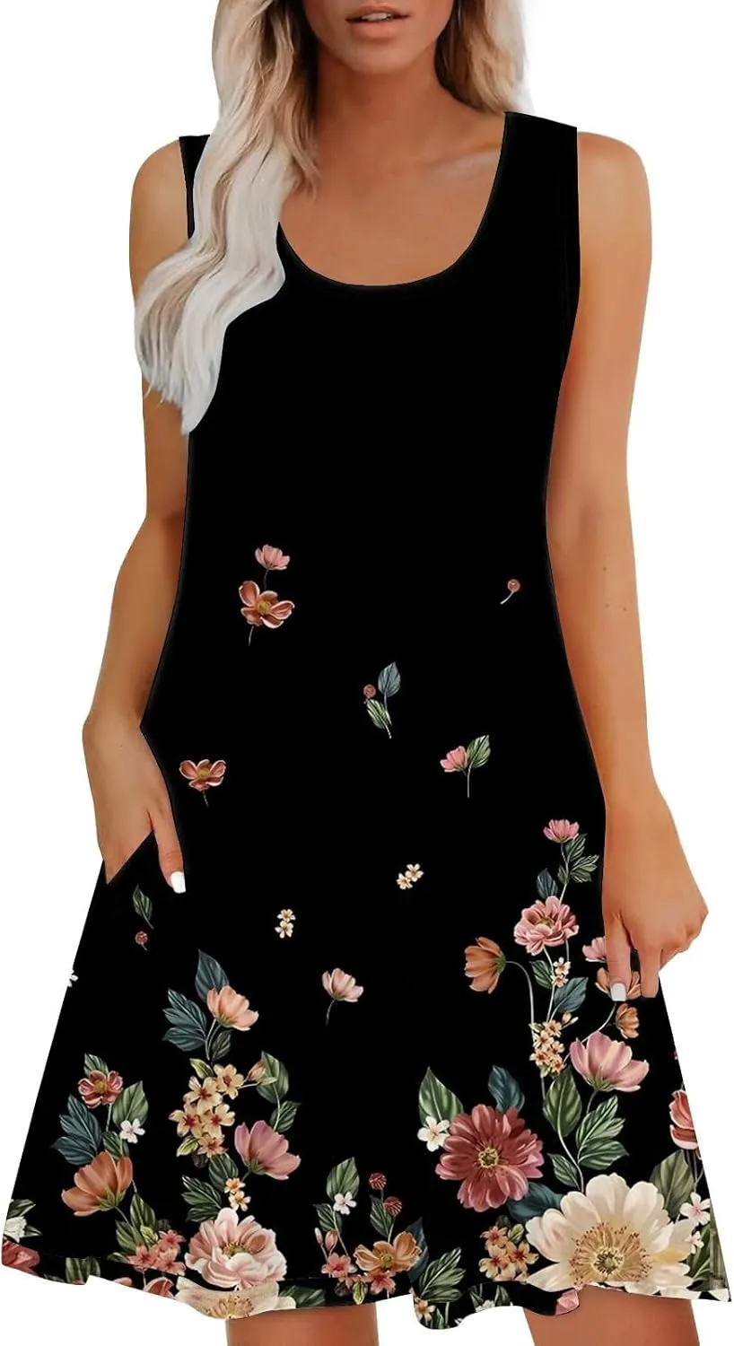 Women Summer Dresses 2025 Loose Beach Vacation Casual Dress Ladies Scoop Neck Sleeveless Sundresses with Pocket