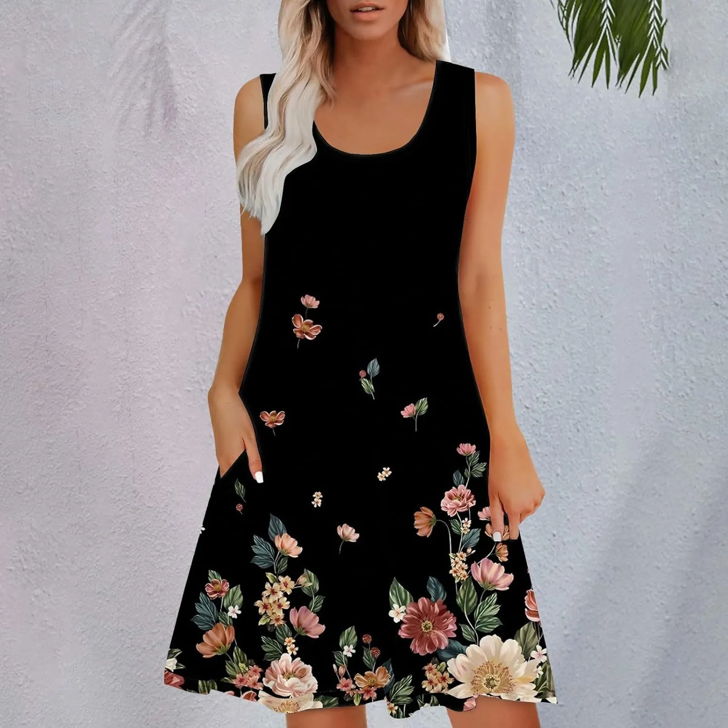 Women Summer Dresses 2025 Loose Beach Vacation Casual Dress Ladies Scoop Neck Sleeveless Sundresses with Pocket