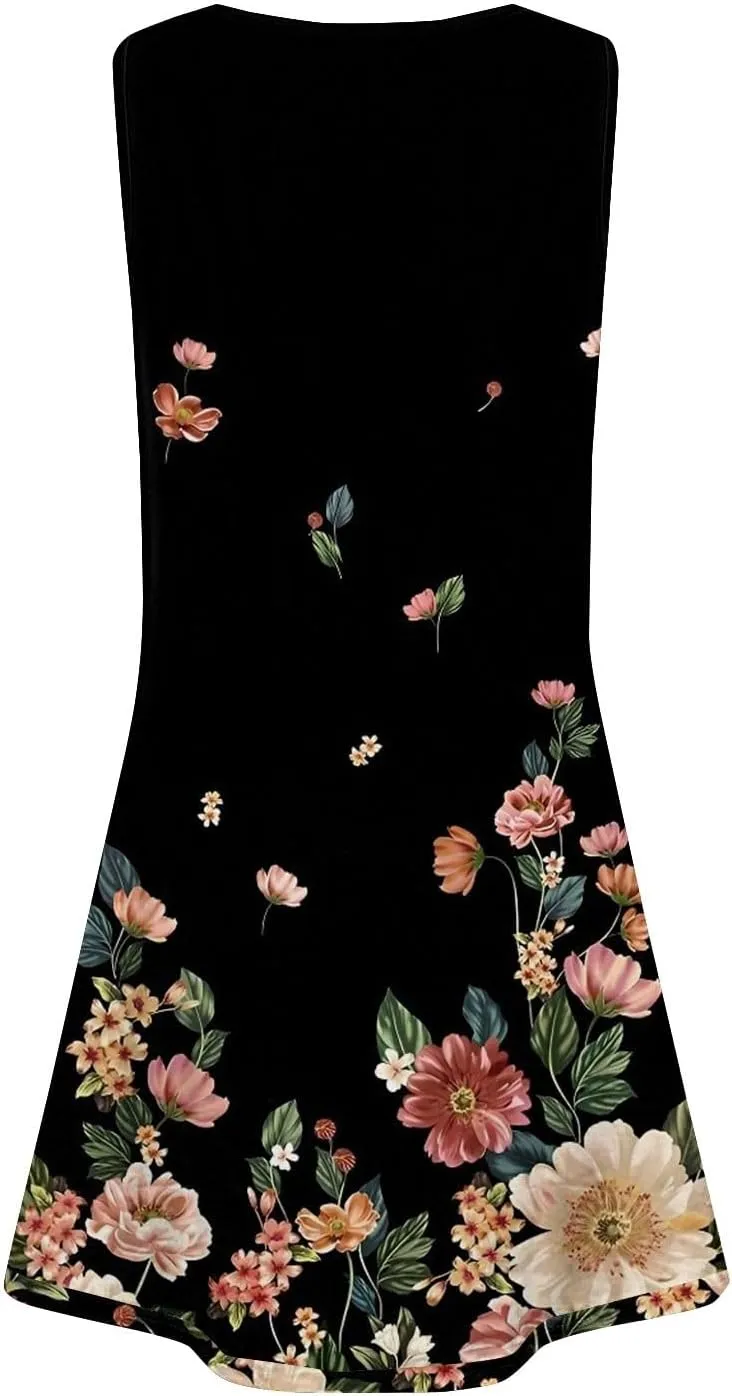Women Summer Dresses 2025 Loose Beach Vacation Casual Dress Ladies Scoop Neck Sleeveless Sundresses with Pocket