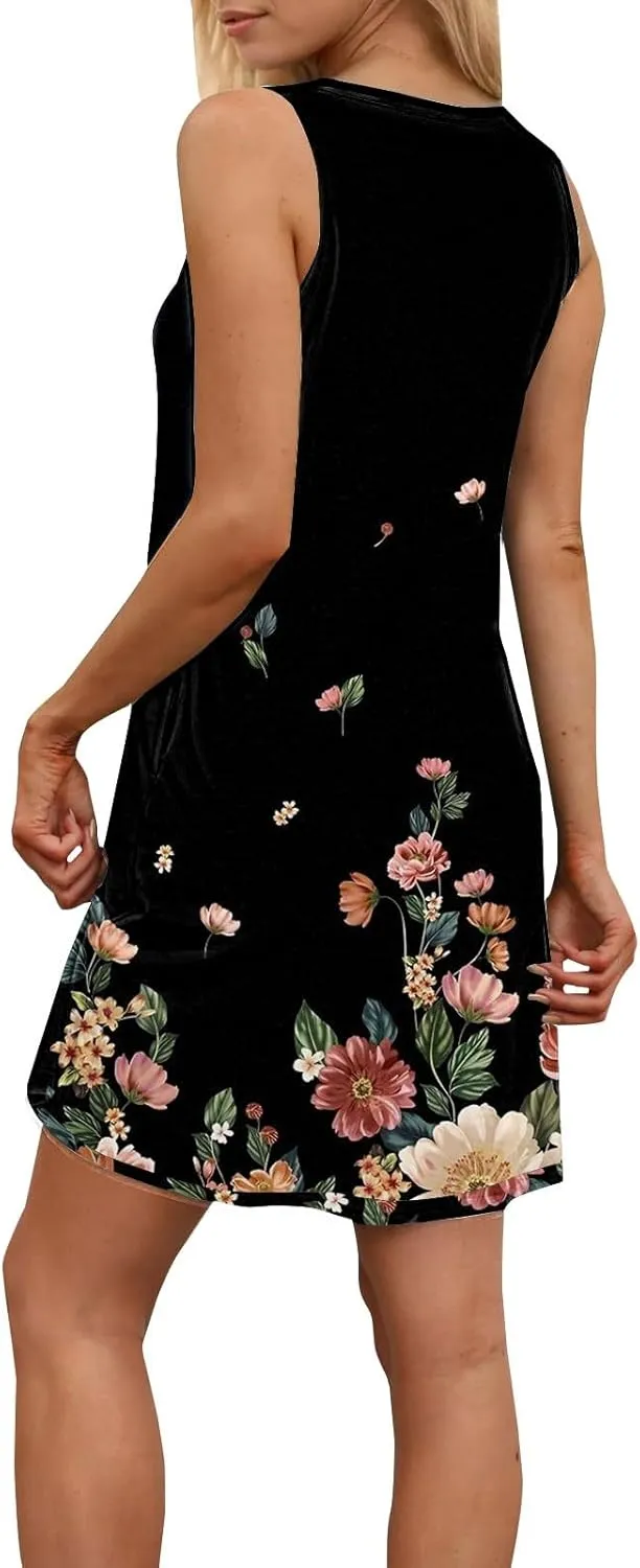 Women Summer Dresses 2025 Loose Beach Vacation Casual Dress Ladies Scoop Neck Sleeveless Sundresses with Pocket
