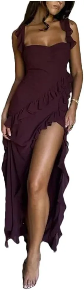 Women Summer Sexy Pleated Elegant Long Skirt Backless Red Party Dress