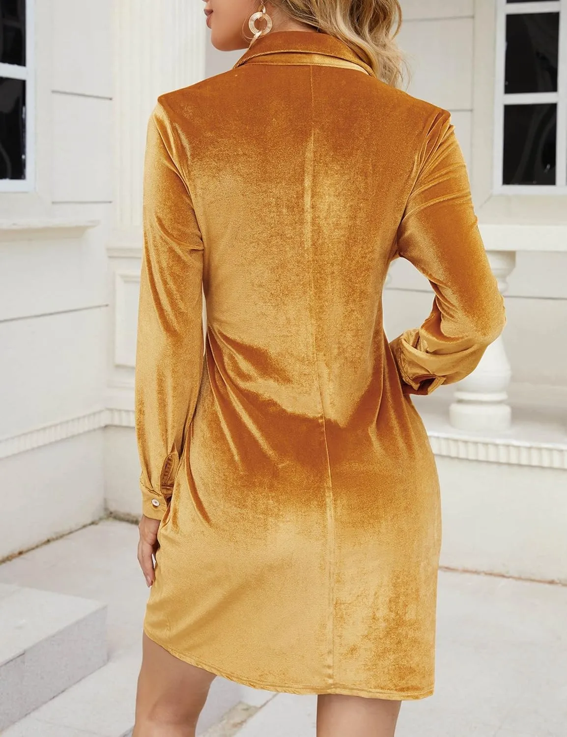 Women Velvet Dress Tie Front Button Down Ruched Elegant V Neck Bodycon Cocktail Mini Dress