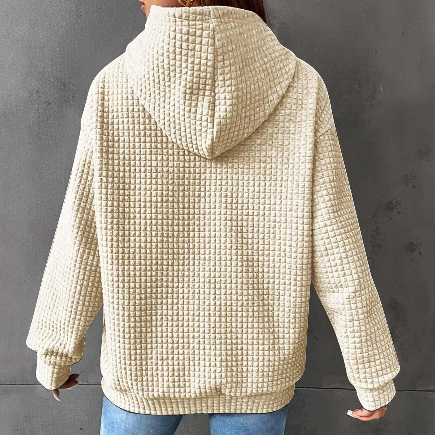 Women Waffle Plaid Knit Y2K Hoodie Drawstring Lightweight Oversized Sweatshirt Comfy Cute Pullover Streetwear Hoodies