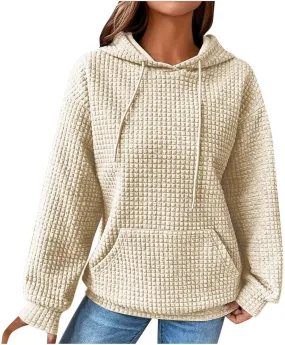 Women Waffle Plaid Knit Y2K Hoodie Drawstring Lightweight Oversized Sweatshirt Comfy Cute Pullover Streetwear Hoodies
