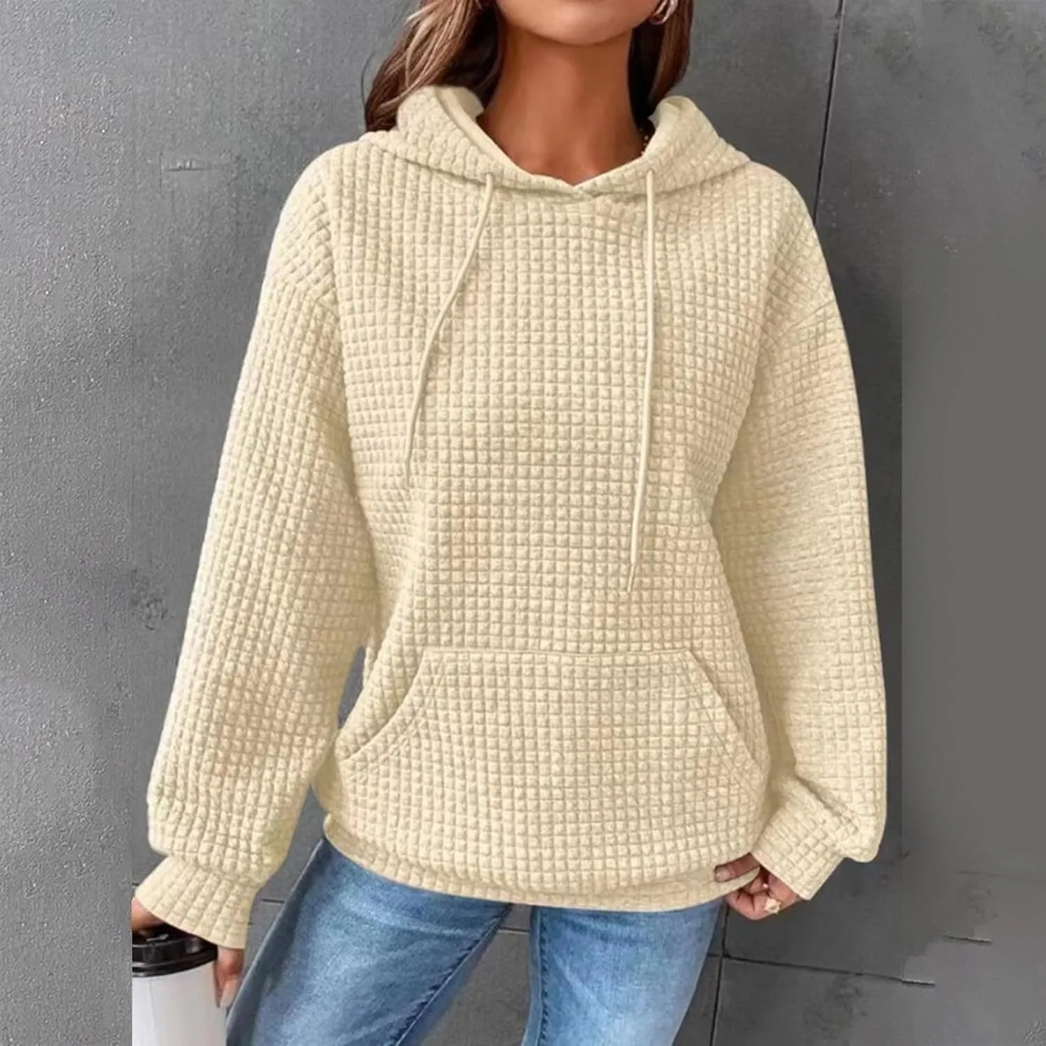 Women Waffle Plaid Knit Y2K Hoodie Drawstring Lightweight Oversized Sweatshirt Comfy Cute Pullover Streetwear Hoodies