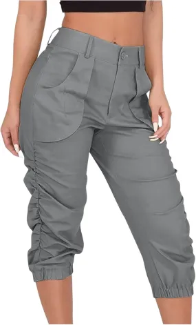Womens Casual Pants High Waist Front Button Pleated Binded Feet Capri Trousers Summer Hiking Cargo Pants with Pockets