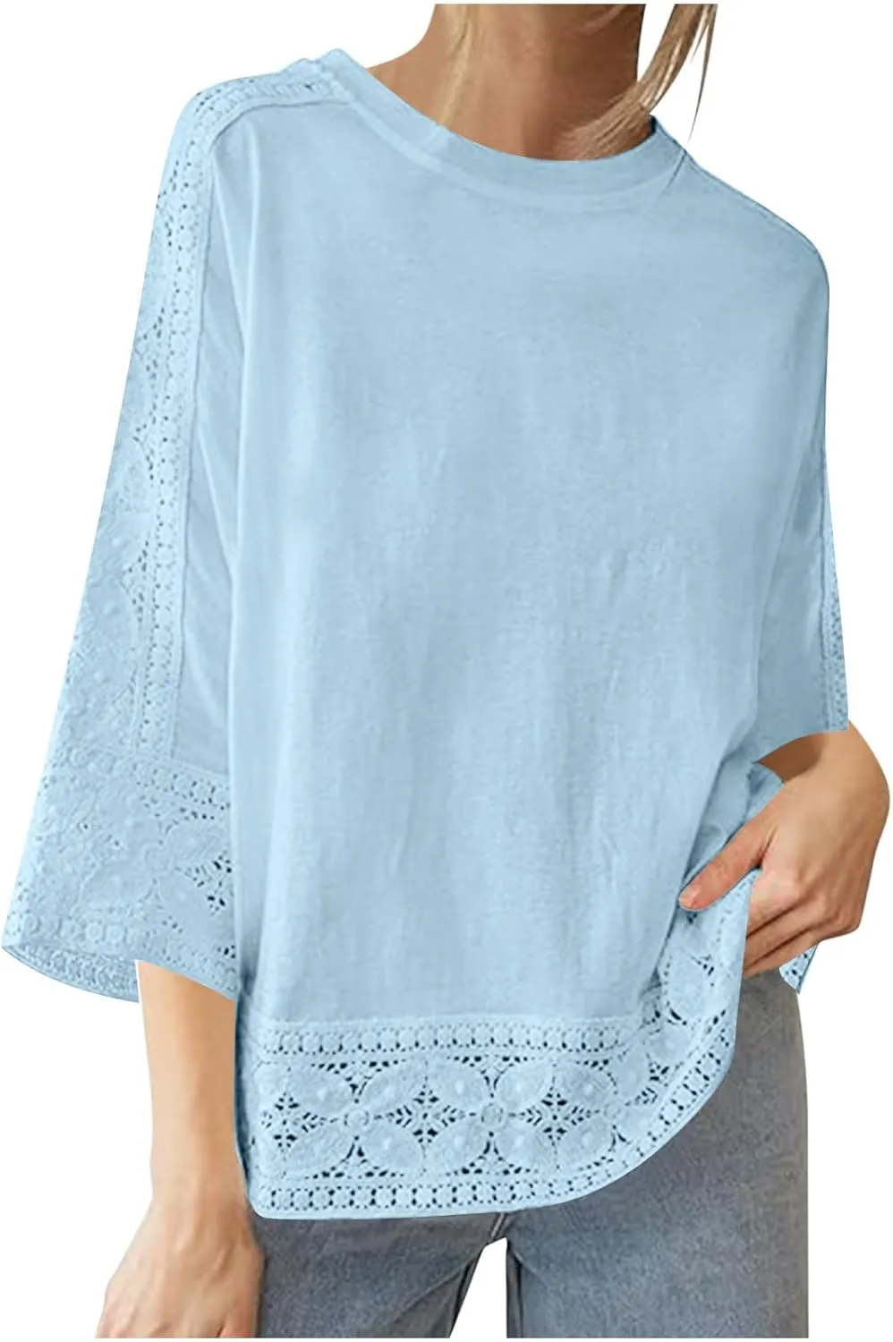 Womens Cotton Linen Summer Tops Casual 3/4 Sleeve Lace Tunic Blouses Loose Fit Shirt Boho Peasant Trendy Clothes 2025