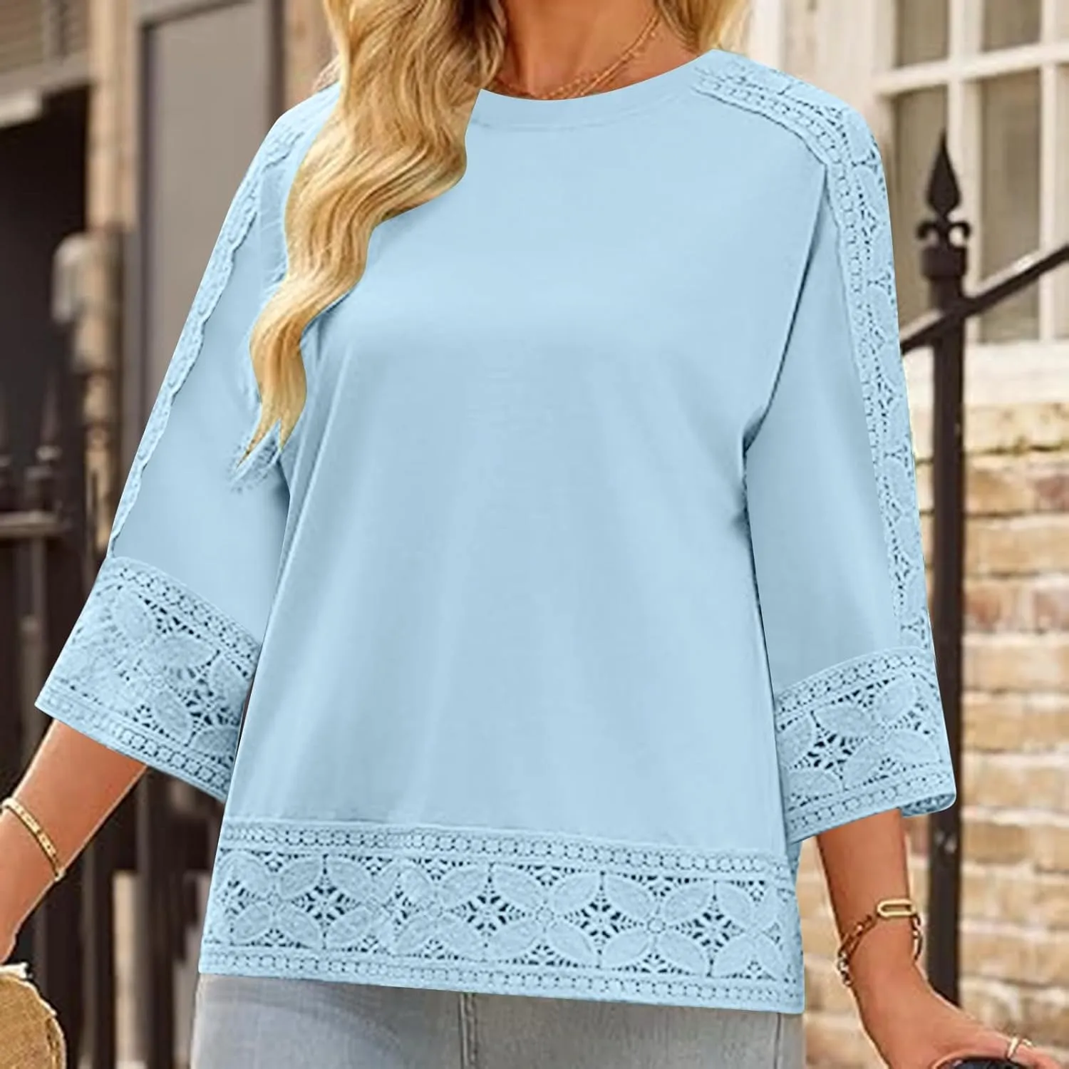 Womens Cotton Linen Summer Tops Casual 3/4 Sleeve Lace Tunic Blouses Loose Fit Shirt Boho Peasant Trendy Clothes 2025