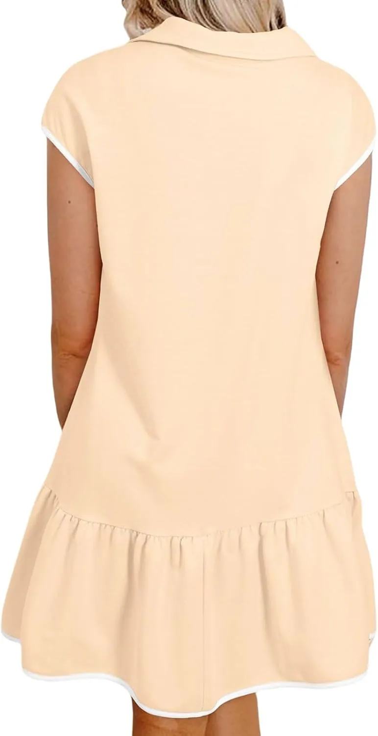 Women's Dresses Summer Colorblock Cap Sleeve Half Zip Mini Dress Casual Spring Fashion Dress