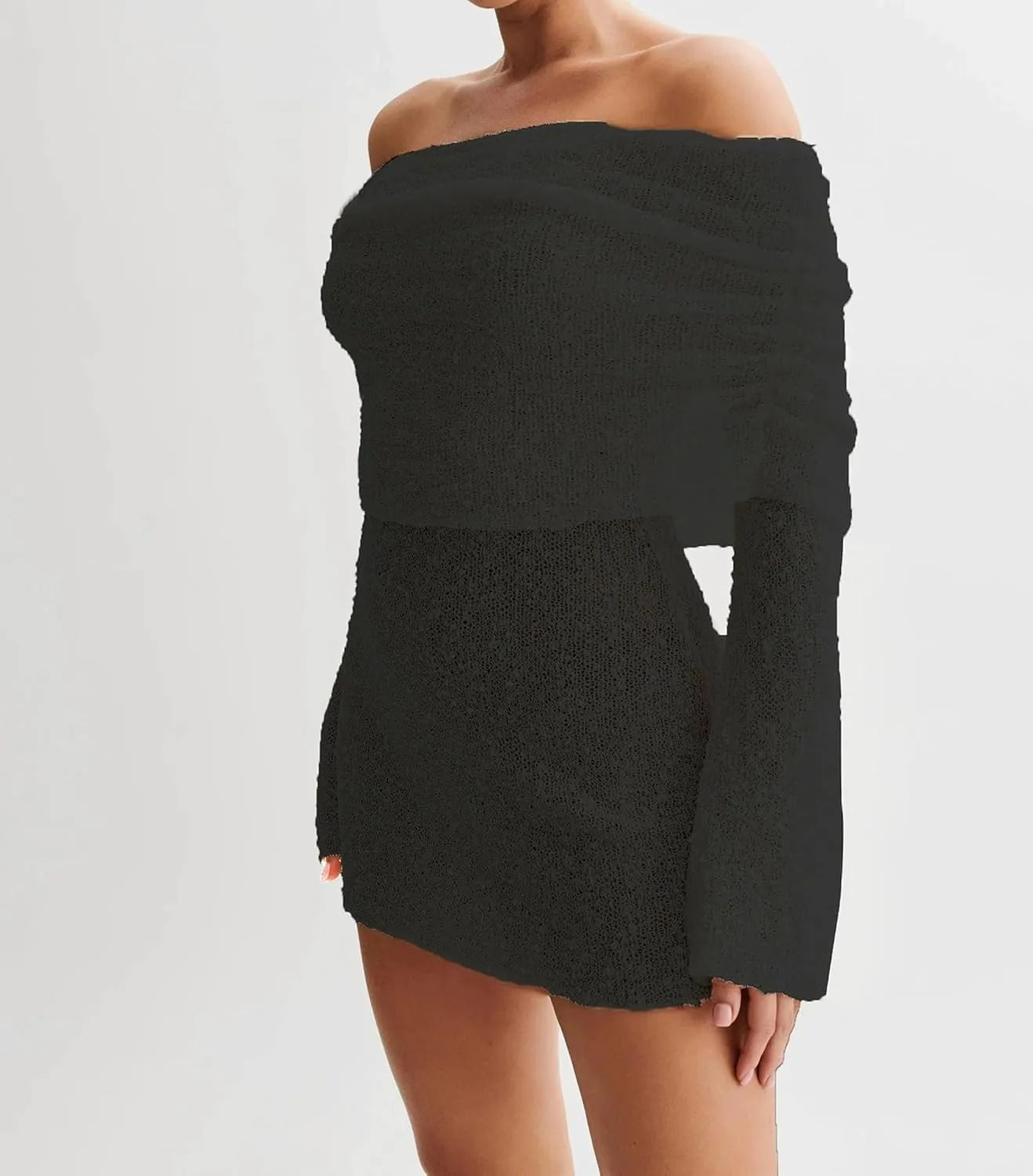 Womens Elegant Off The Shoulder Knit Sweater Dress Sheer Flare Long Sleeve Cute Mini Dress