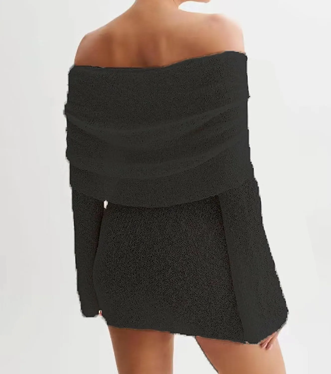 Womens Elegant Off The Shoulder Knit Sweater Dress Sheer Flare Long Sleeve Cute Mini Dress