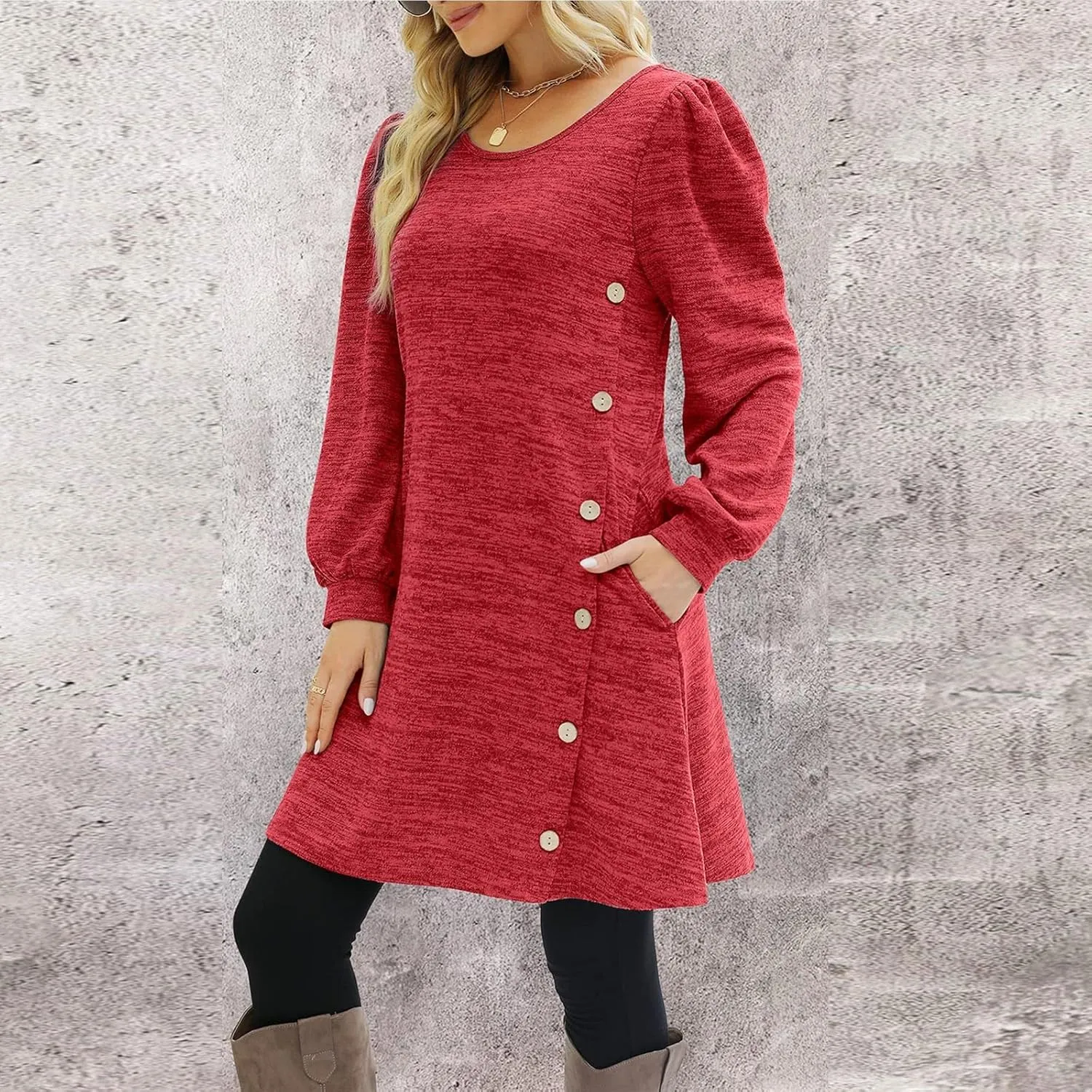 Women's Fall Flowy Casual Long Sleeve Crew Neck Button Solid Wedding Guest Dress