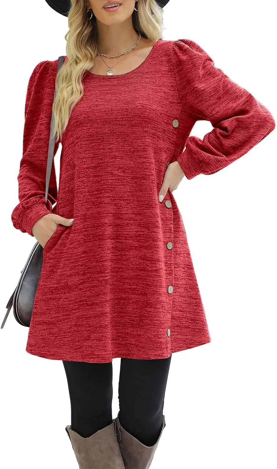 Women's Fall Flowy Casual Long Sleeve Crew Neck Button Solid Wedding Guest Dress