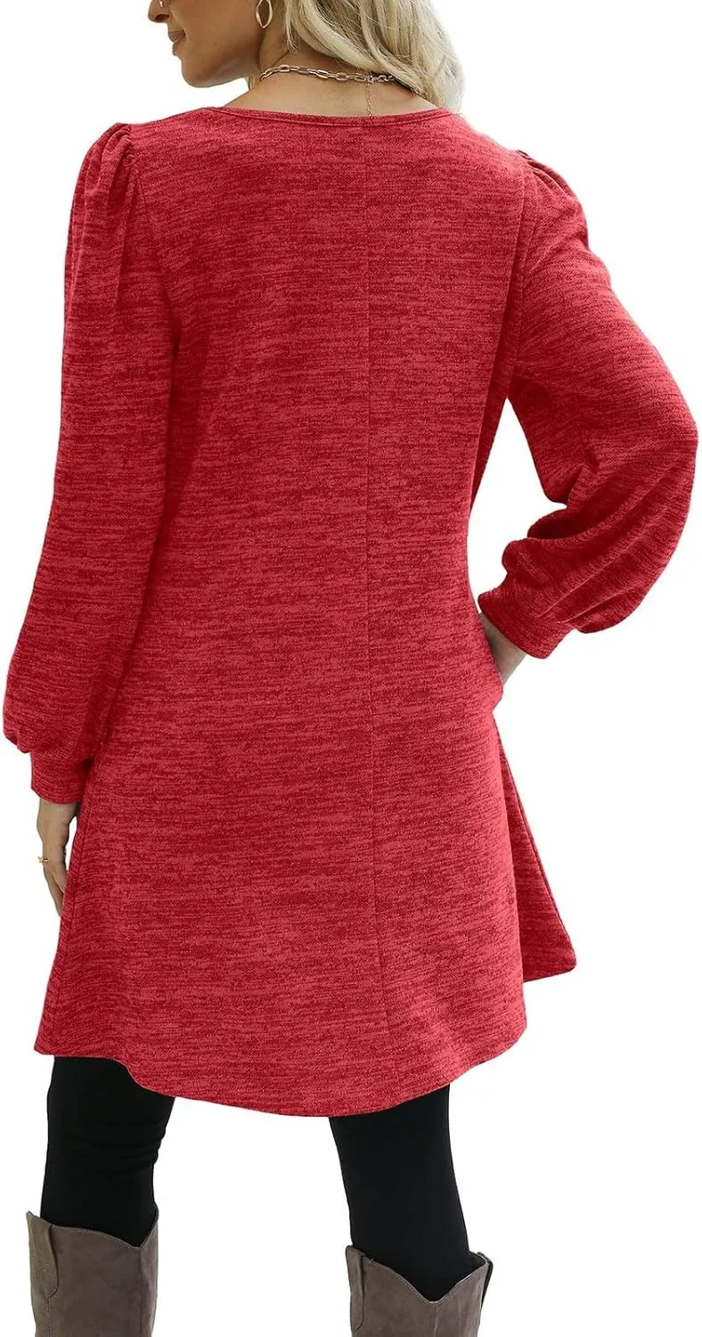 Women's Fall Flowy Casual Long Sleeve Crew Neck Button Solid Wedding Guest Dress