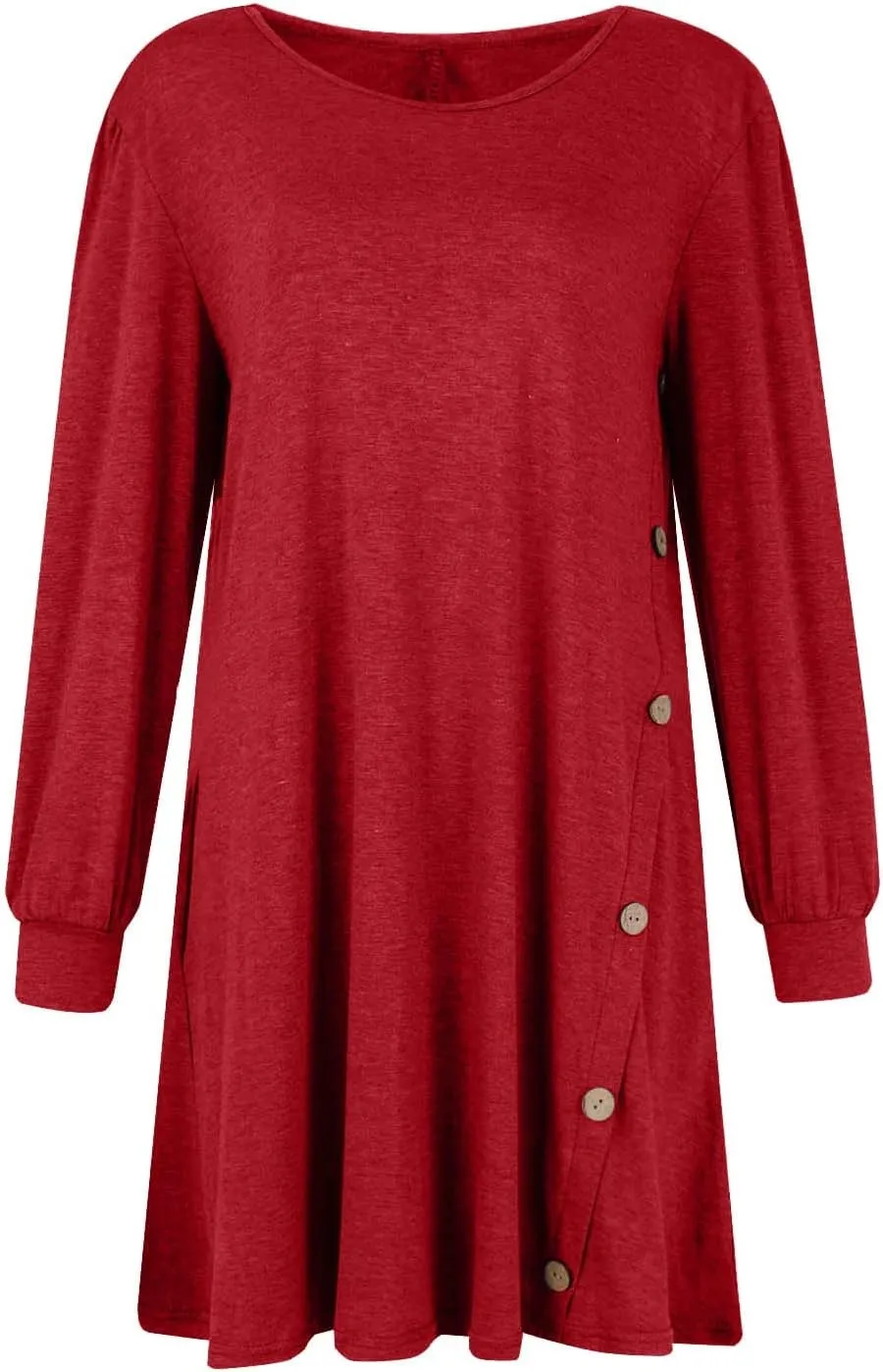 Women's Fall Flowy Casual Long Sleeve Crew Neck Button Solid Wedding Guest Dress