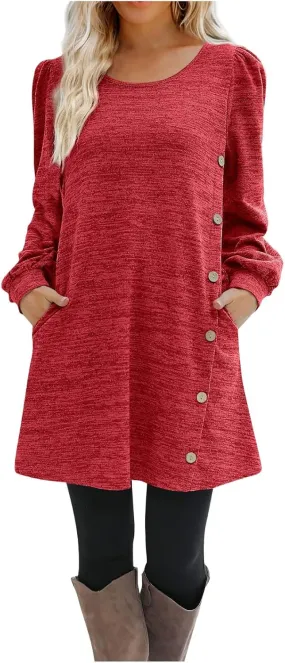 Women's Fall Flowy Casual Long Sleeve Crew Neck Button Solid Wedding Guest Dress