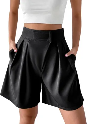 Womens High-Waisted Pleated Shorts Stylish Casual Plus Size Loose Wide Leg Short Trendy Lounge Wide-Leg Bermuda Pants