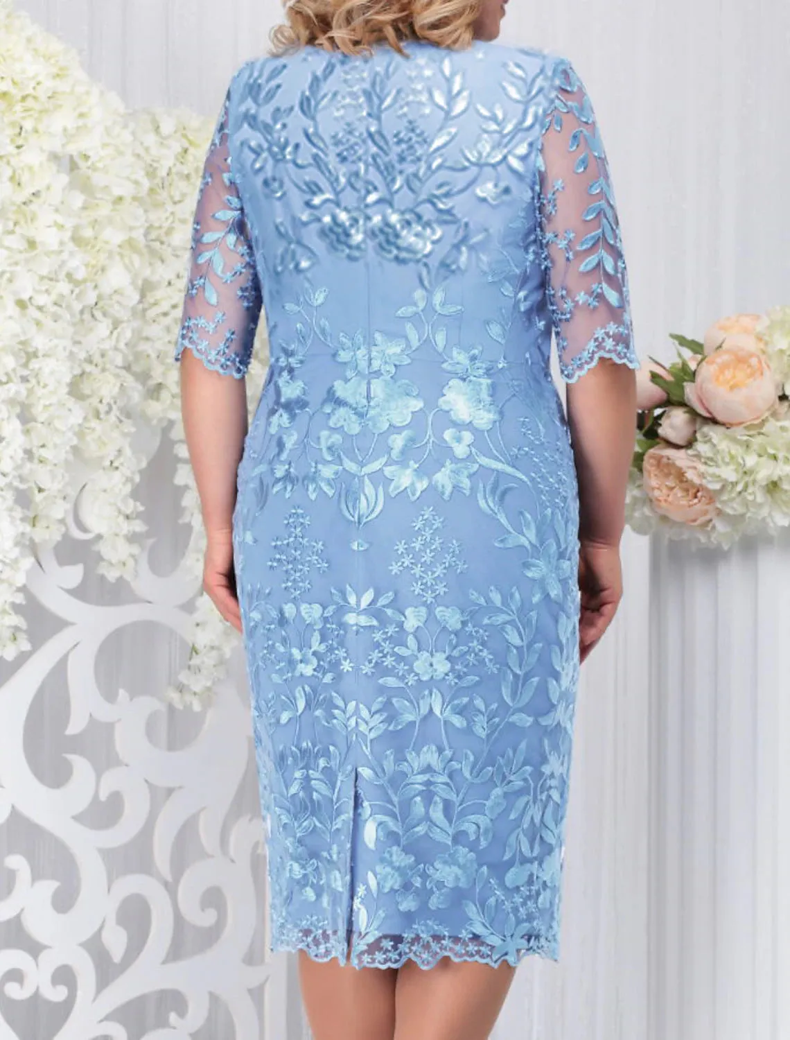 Women's Lace Dress Plus Size Curve Party Dress Floral Crew Neck Half Sleeve Fall Spring Elegant Prom Dress Midi Dress Formal Party Dress