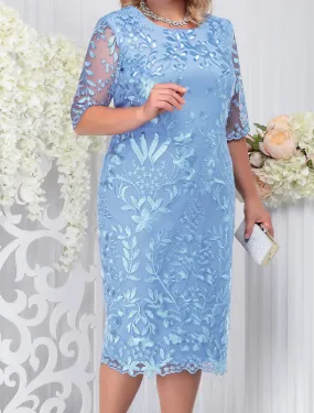 Women's Lace Dress Plus Size Curve Party Dress Floral Crew Neck Half Sleeve Fall Spring Elegant Prom Dress Midi Dress Formal Party Dress