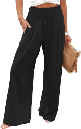 Womens Linen Palazzo Pants Wide Leg Elastic High Waisted Trousers Flowy Loose Long Lounge Comfy Pant with Pocket