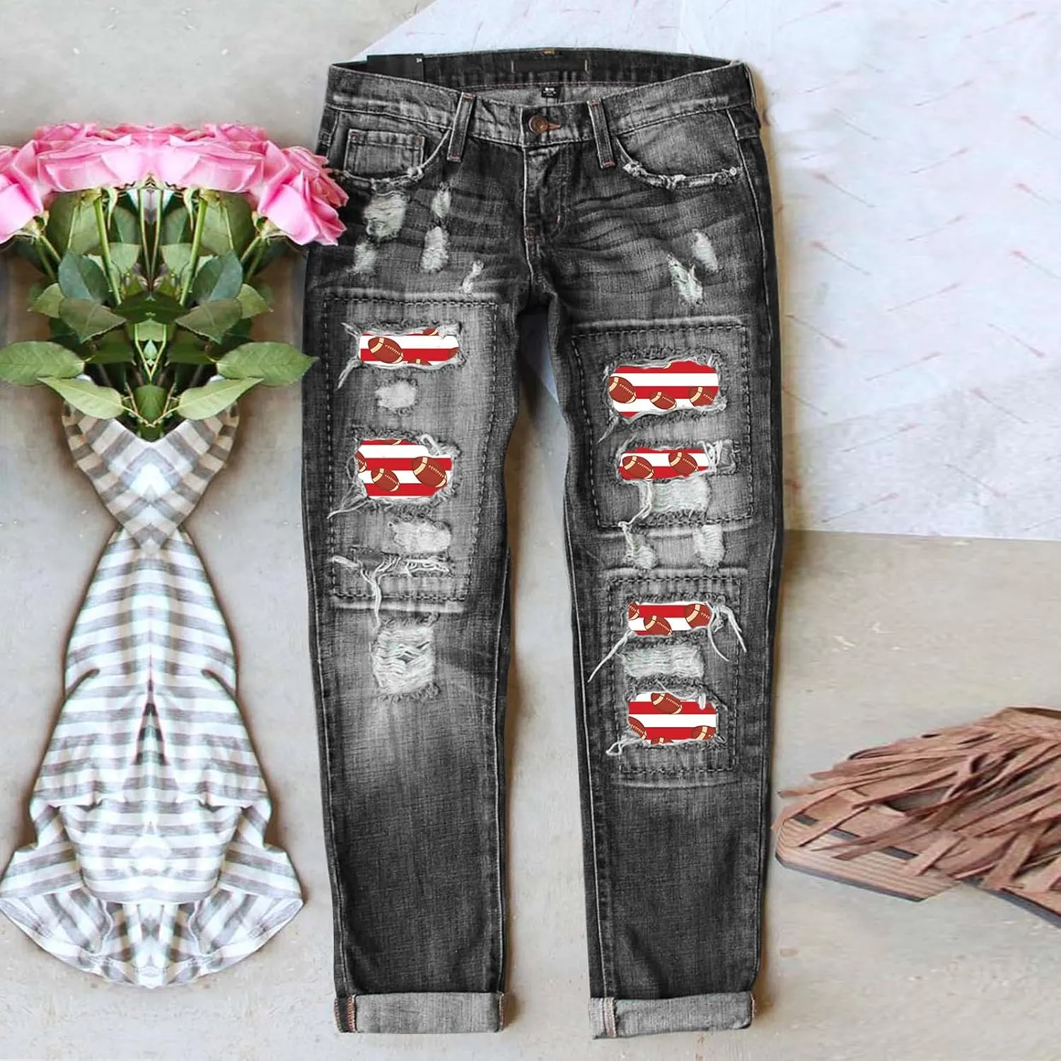 Womens Plaid Patch Raw Finish Football Print Straight Leg Denim Pants S-5XL