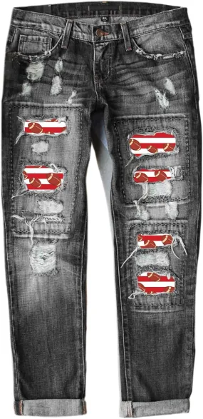 Womens Plaid Patch Raw Finish Football Print Straight Leg Denim Pants S-5XL