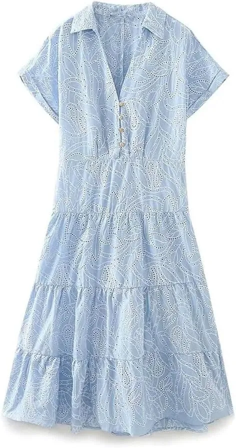 Women's Retro Hollow Embroidery Shirt Dress, Casual Elegant Euro-American Style Summer Dress