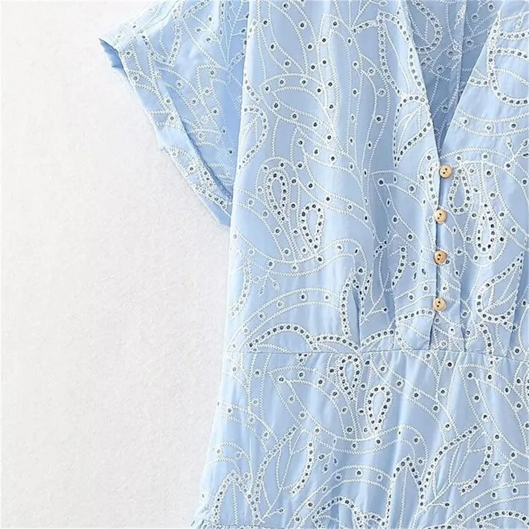 Women's Retro Hollow Embroidery Shirt Dress, Casual Elegant Euro-American Style Summer Dress