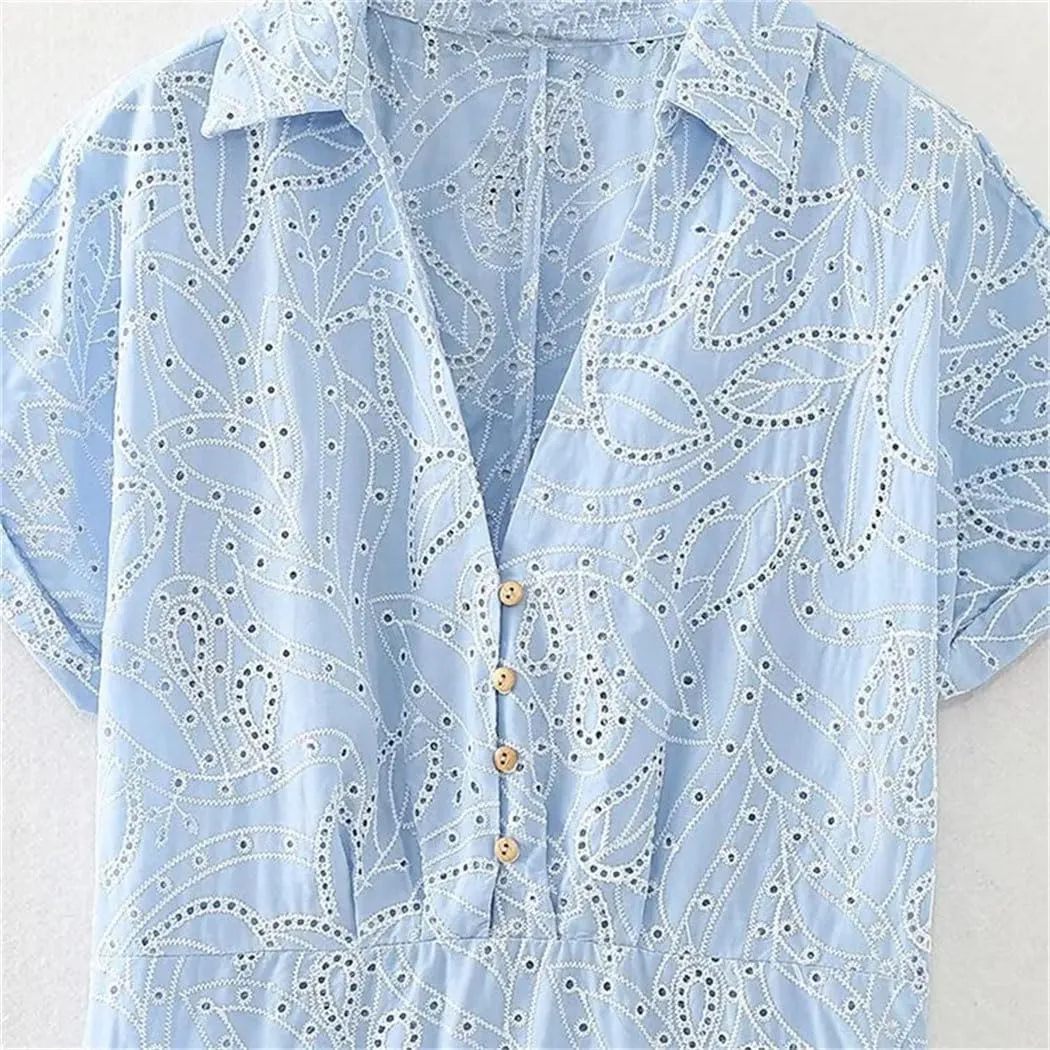 Women's Retro Hollow Embroidery Shirt Dress, Casual Elegant Euro-American Style Summer Dress