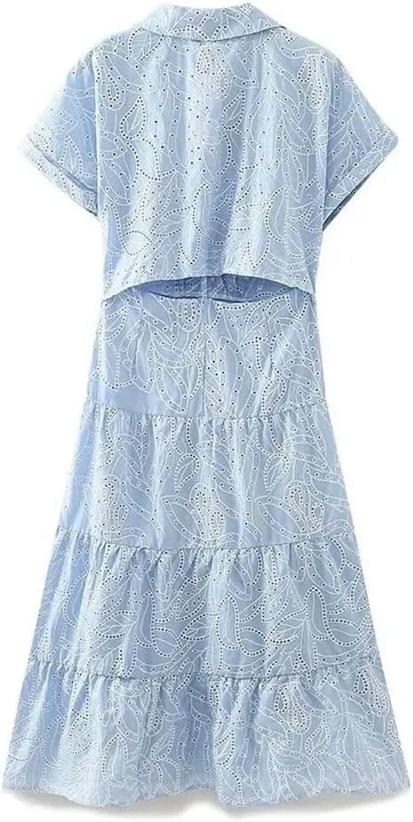 Women's Retro Hollow Embroidery Shirt Dress, Casual Elegant Euro-American Style Summer Dress
