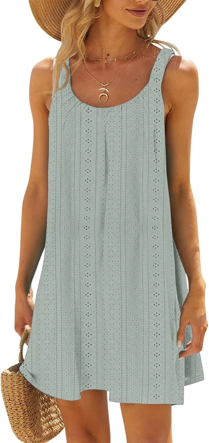Womens Summer Dresses 2024 Casual Sleeveless Loose Solid Color Sundresses Trendy Corset Eyelet Dresses