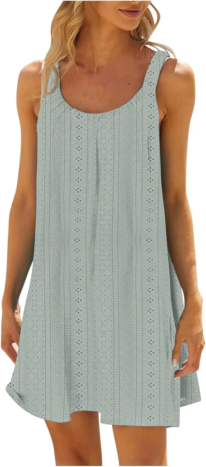 Womens Summer Dresses 2024 Casual Sleeveless Loose Solid Color Sundresses Trendy Corset Eyelet Dresses