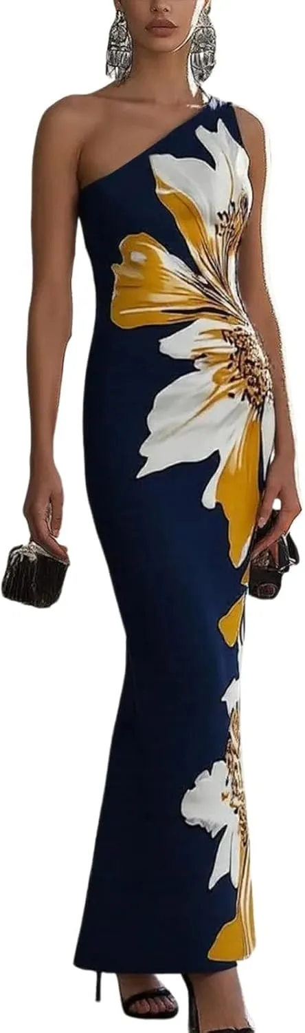 Women's Summer Floral Print V-Neck Sleeveless Maxi Dress Slim Fit Formal Evening Bodycon Wrap Cocktail Party Dress