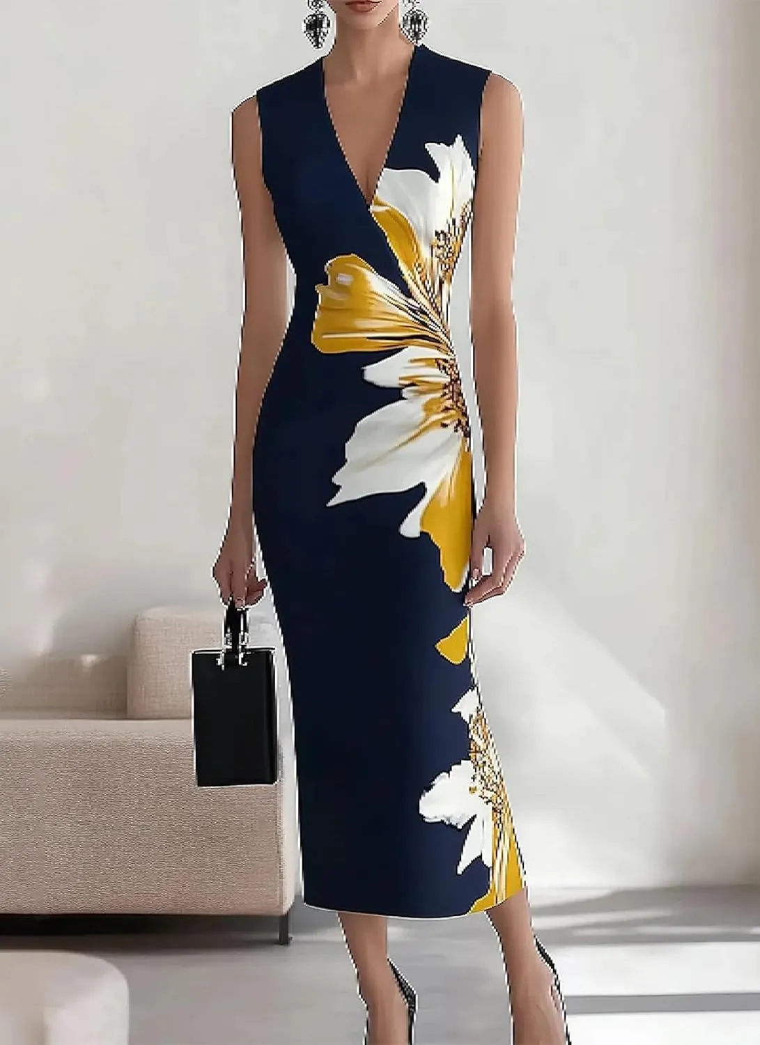 Women's Summer Floral Print V-Neck Sleeveless Maxi Dress Slim Fit Formal Evening Bodycon Wrap Cocktail Party Dress