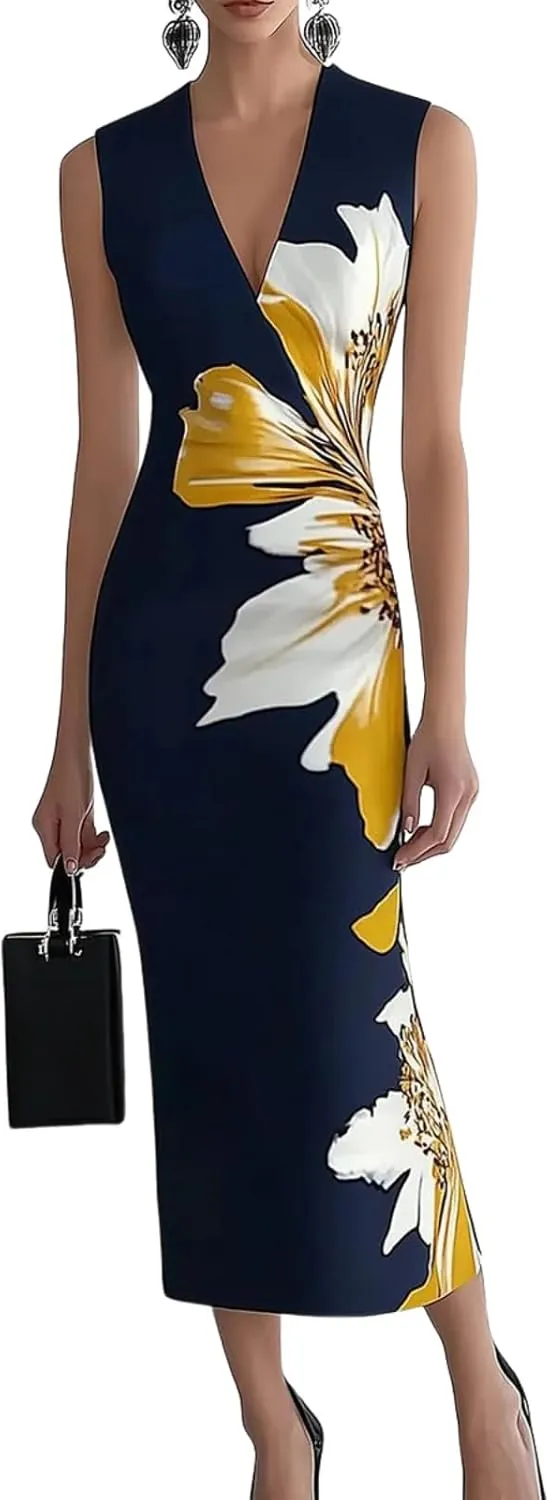 Women's Summer Floral Print V-Neck Sleeveless Maxi Dress Slim Fit Formal Evening Bodycon Wrap Cocktail Party Dress