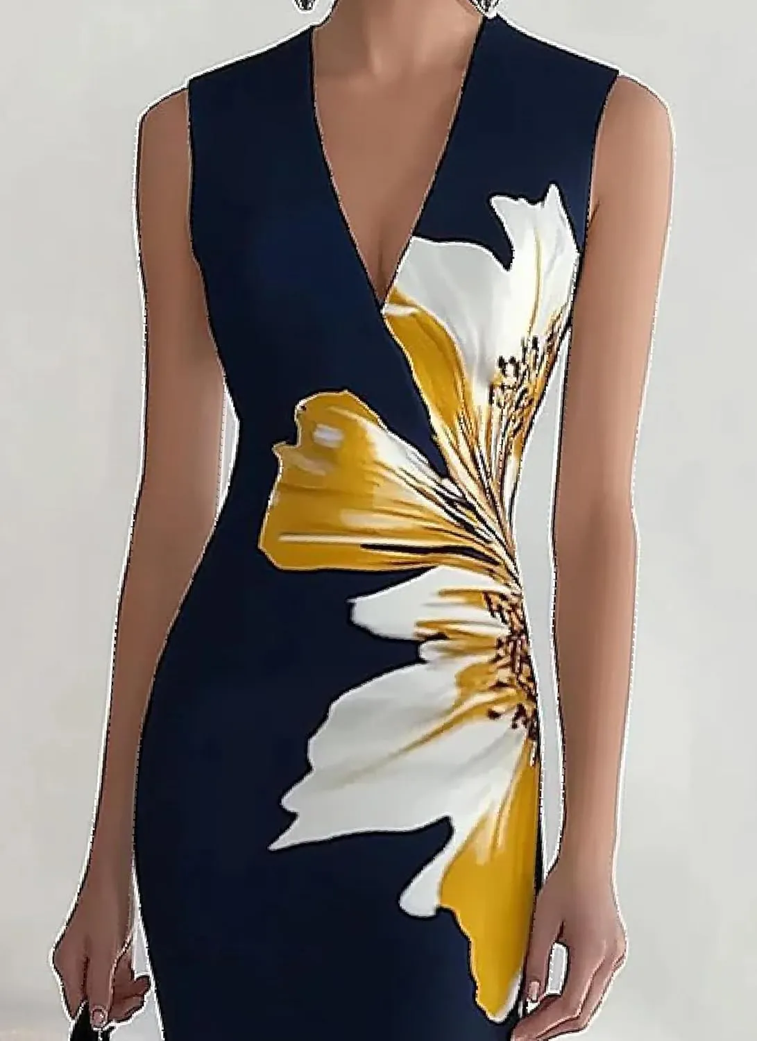 Women's Summer Floral Print V-Neck Sleeveless Maxi Dress Slim Fit Formal Evening Bodycon Wrap Cocktail Party Dress