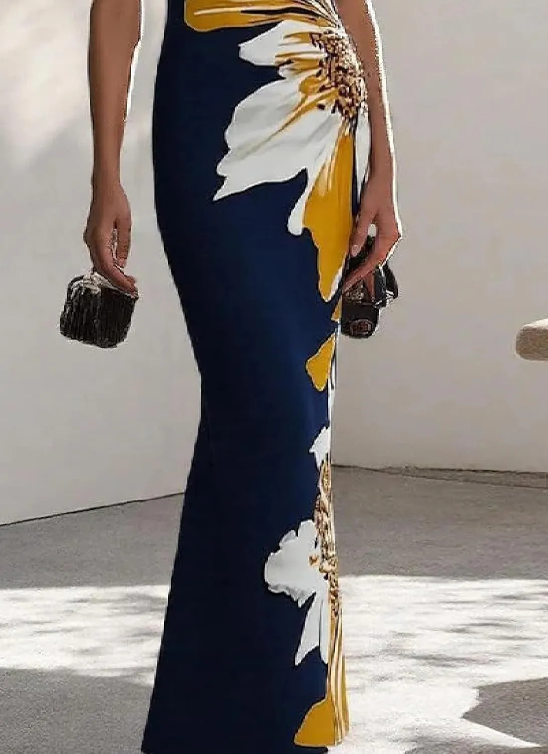 Women's Summer Floral Print V-Neck Sleeveless Maxi Dress Slim Fit Formal Evening Bodycon Wrap Cocktail Party Dress
